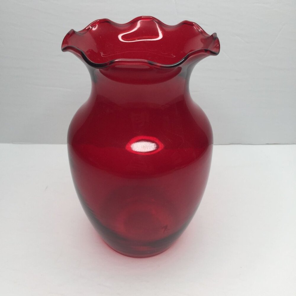 Indiana Glass Co Ruby Red #31000 Crimped 8" Vase Scalloped Edge Wide Mouth